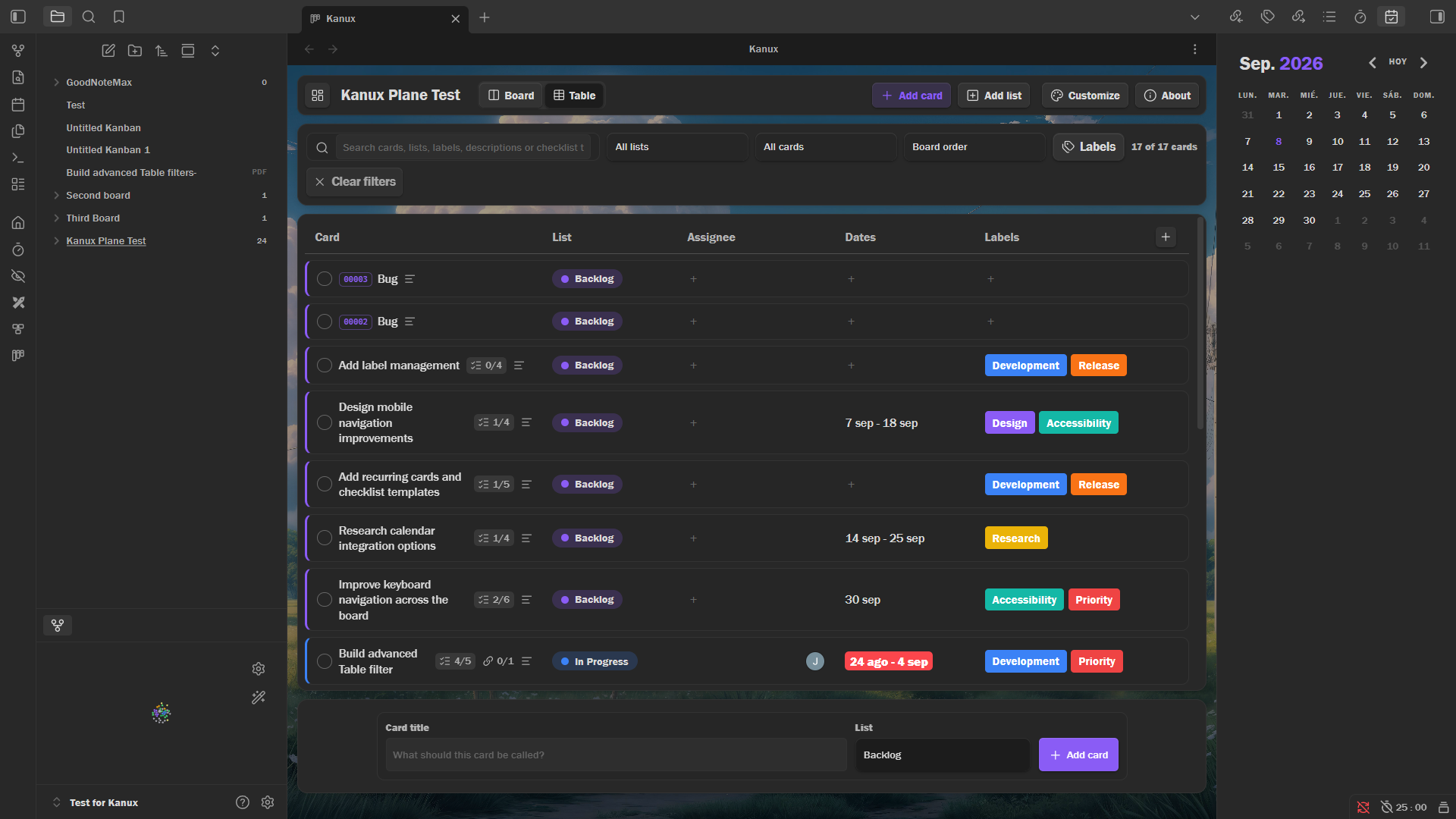 Kanux Table view with filters, lists, dates, and labels