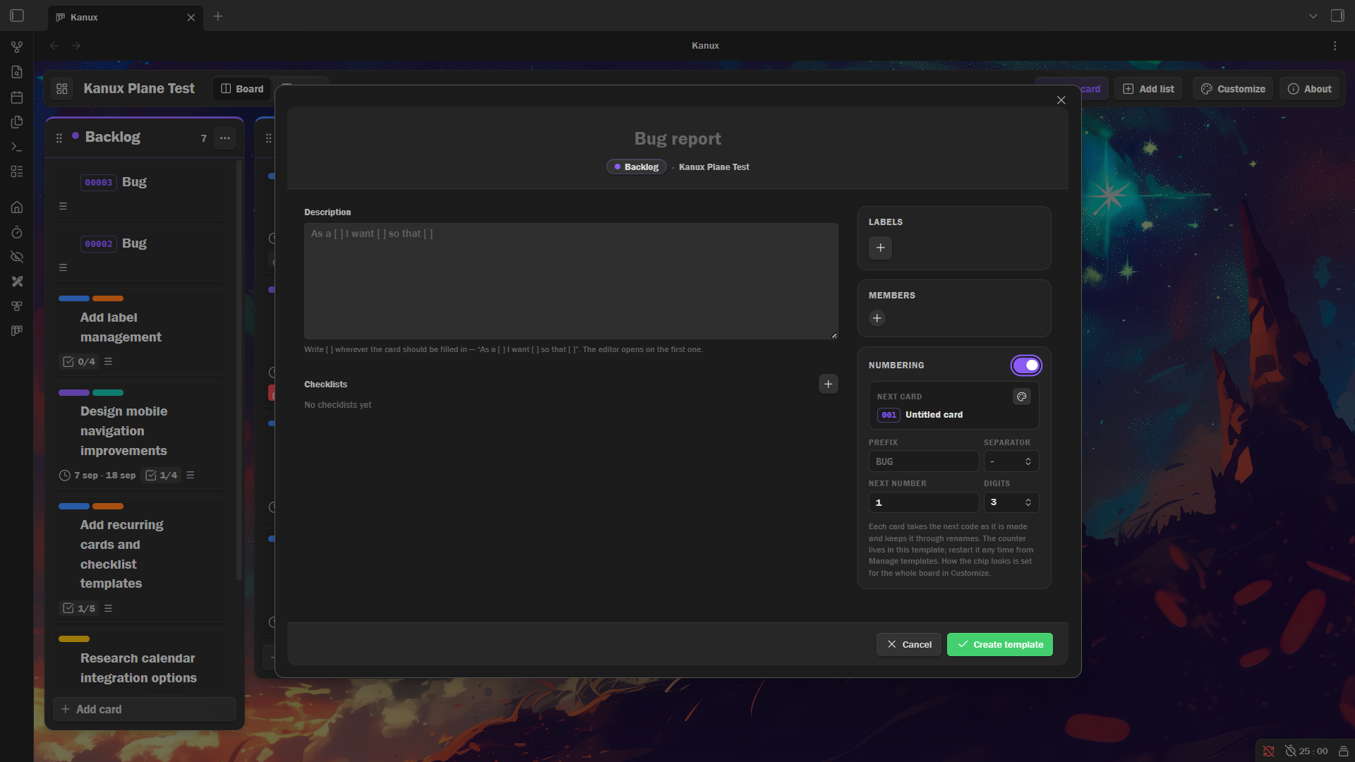 Template editor with incremental numbering enabled