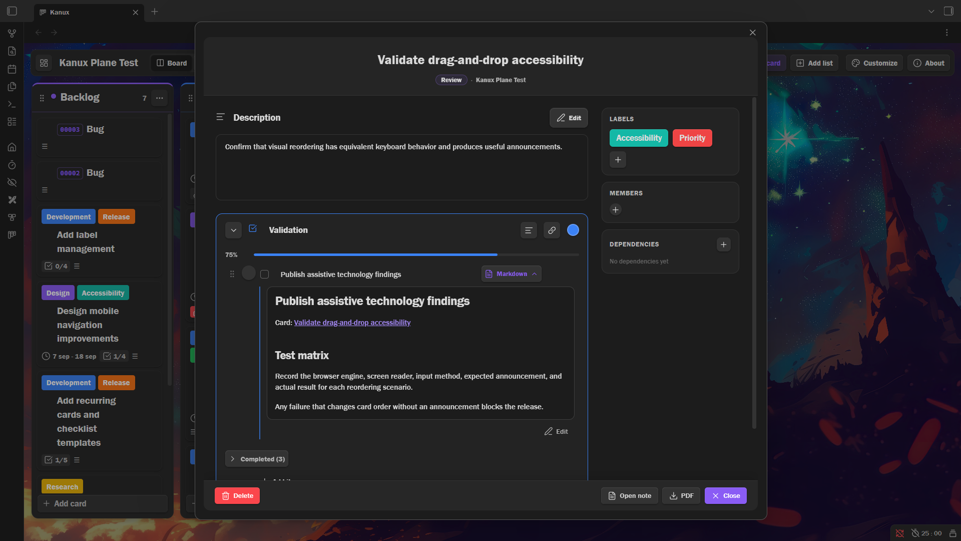 Expanded Markdown document linked to a checklist task