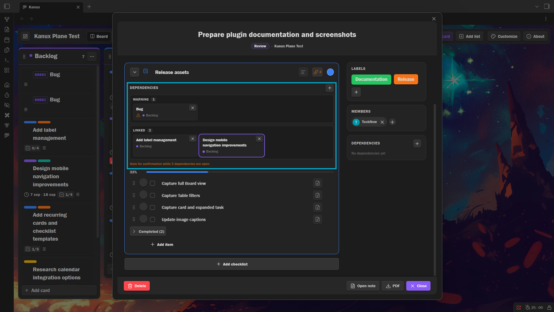 Dependencies attached to a single checklist