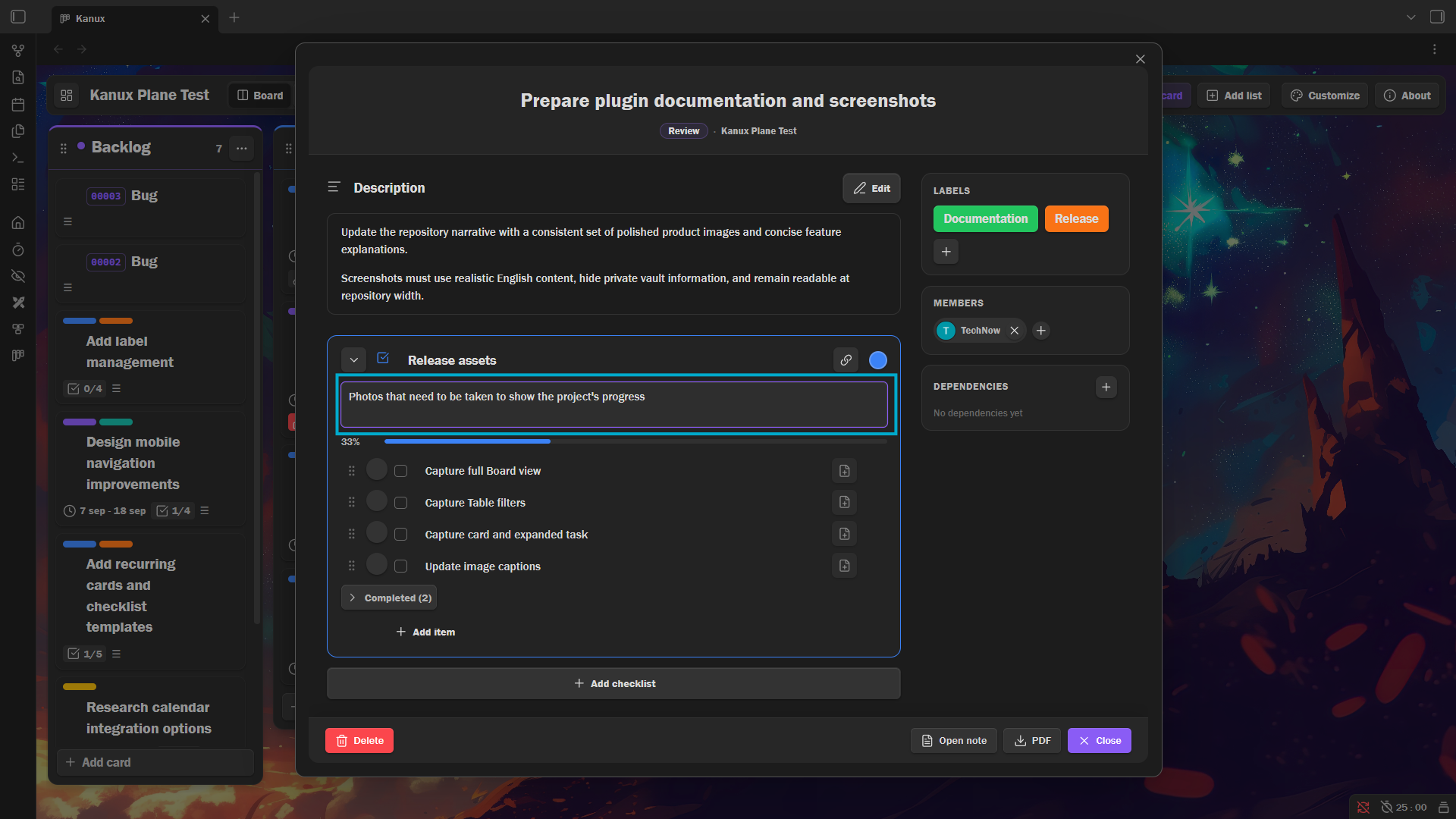 Description written for a single checklist