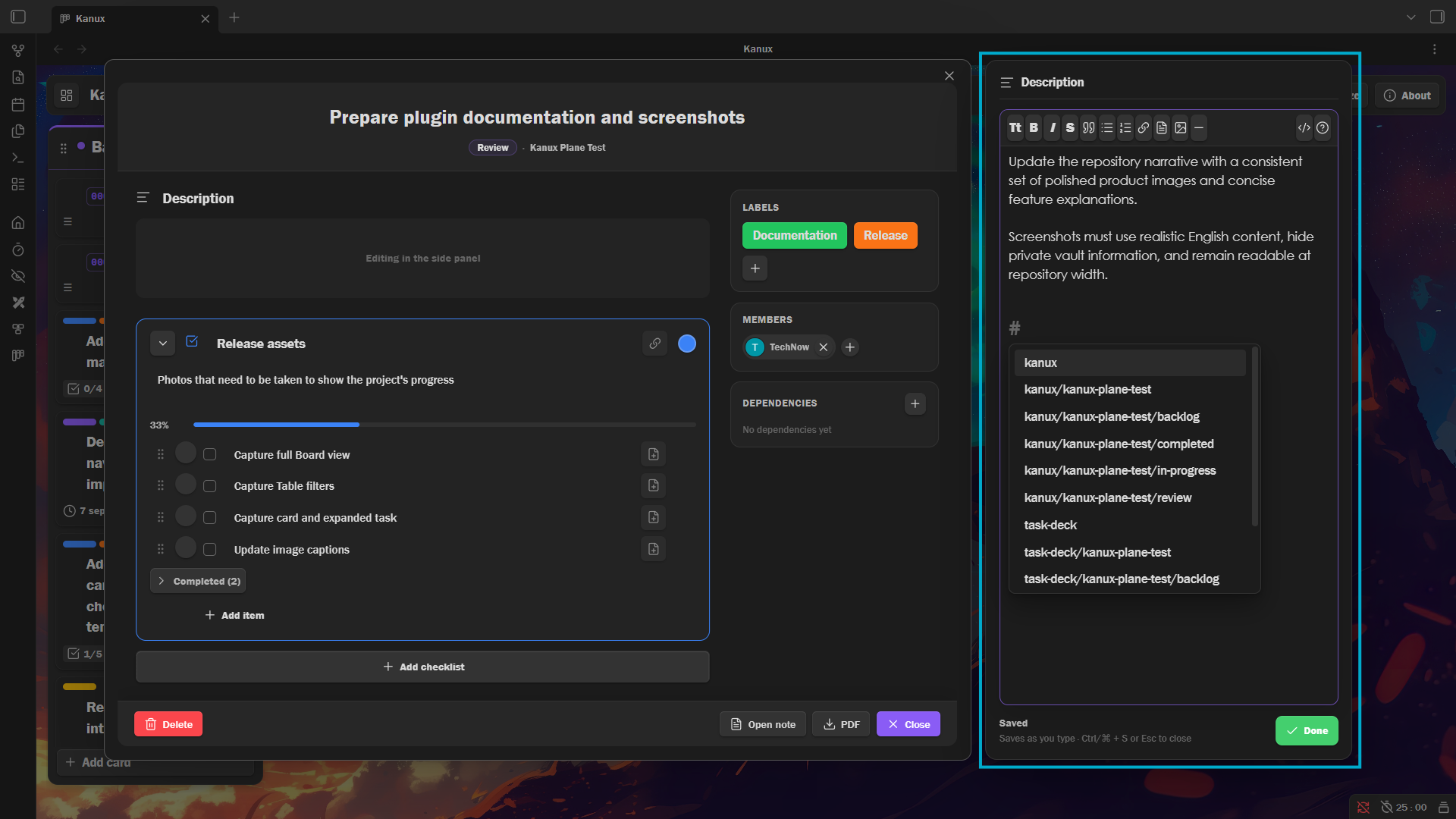 Card description open in the embedded Markdown editor side panel