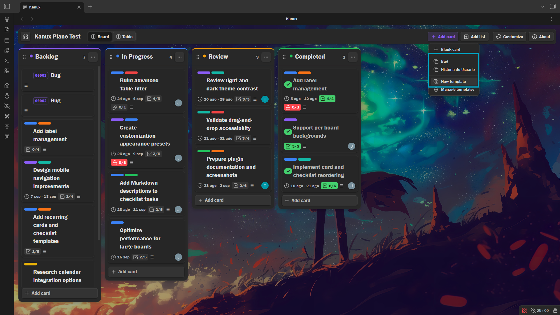 Add card menu listing the board's card templates