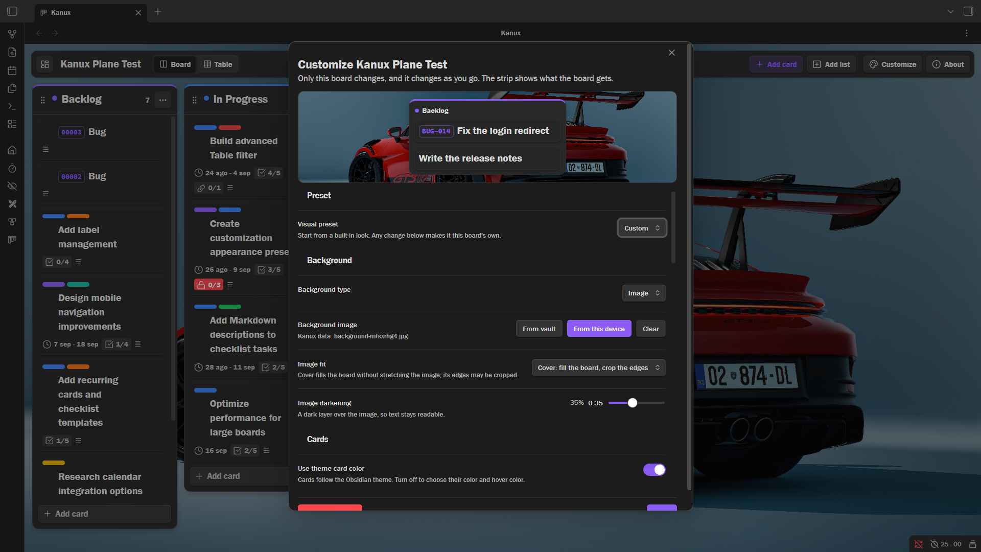 Kanux per-board customization window with its live preview strip