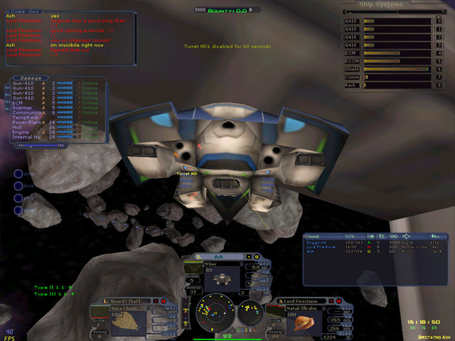 Screenshot: a fighter among asteroids, with the ship systems and damage panels open