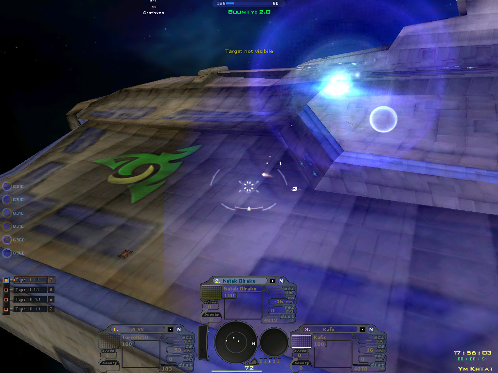 In-game screenshot: a fighter skims a large hull, lit by a blue flare