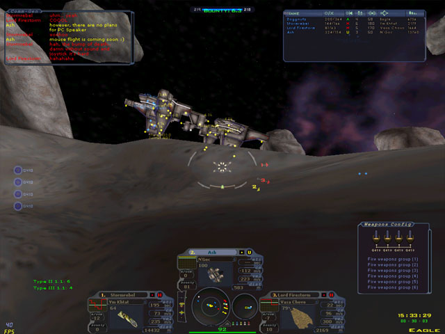 Screenshot: a fighter strafes across an asteroid's surface, with the weapons config panel open
