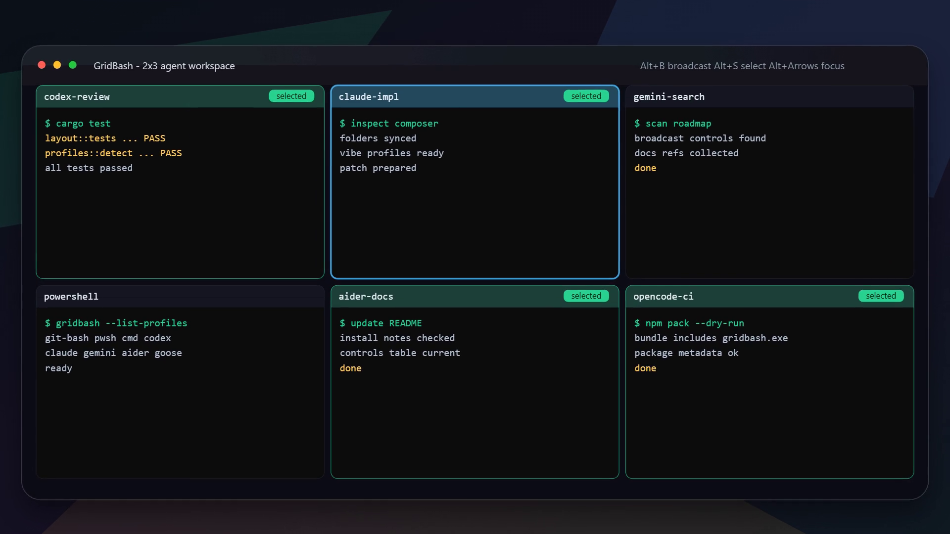 GridBash demo showing multiple CLI agents running side by side in a Windows terminal grid