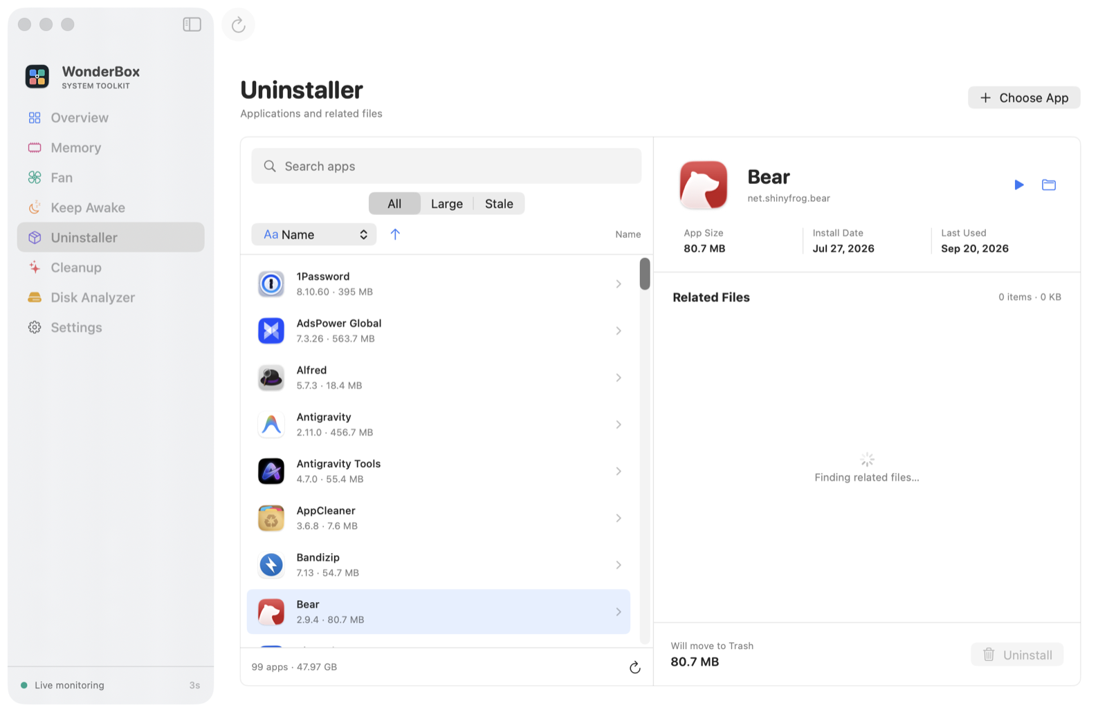 Application uninstall with related files