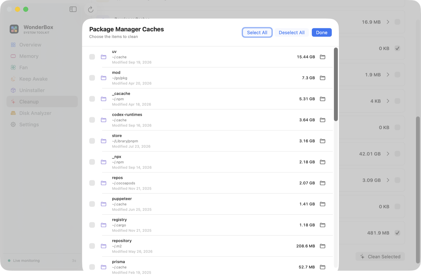 Item-level selection inside the package cache category