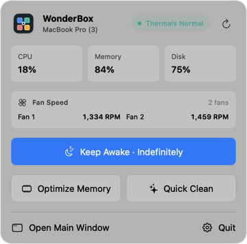Menu bar dashboard with CPU, memory, disk, fan RPM, keep awake and quick actions
