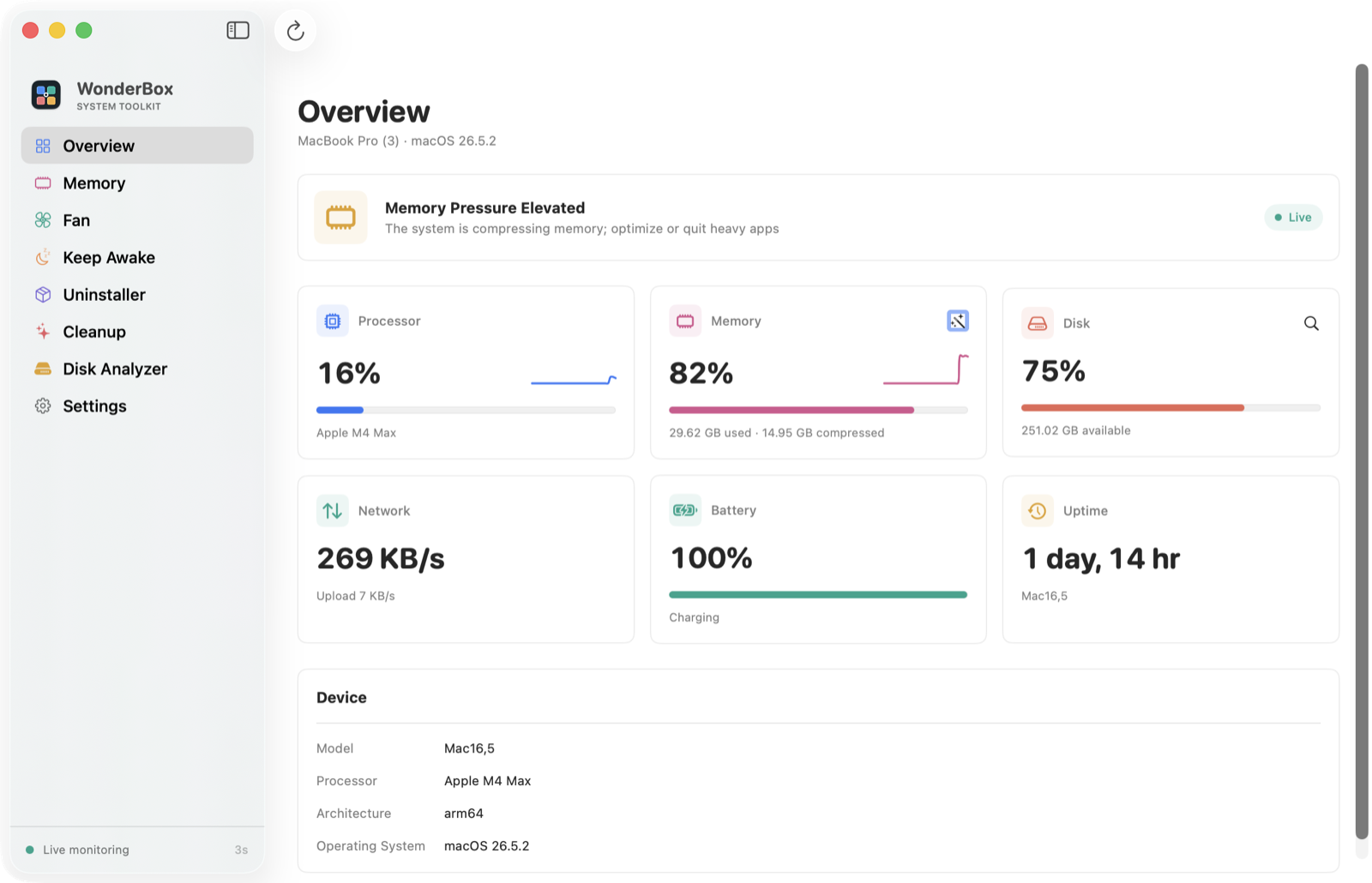 WonderBox overview page showing CPU, memory, disk, network, battery and uptime