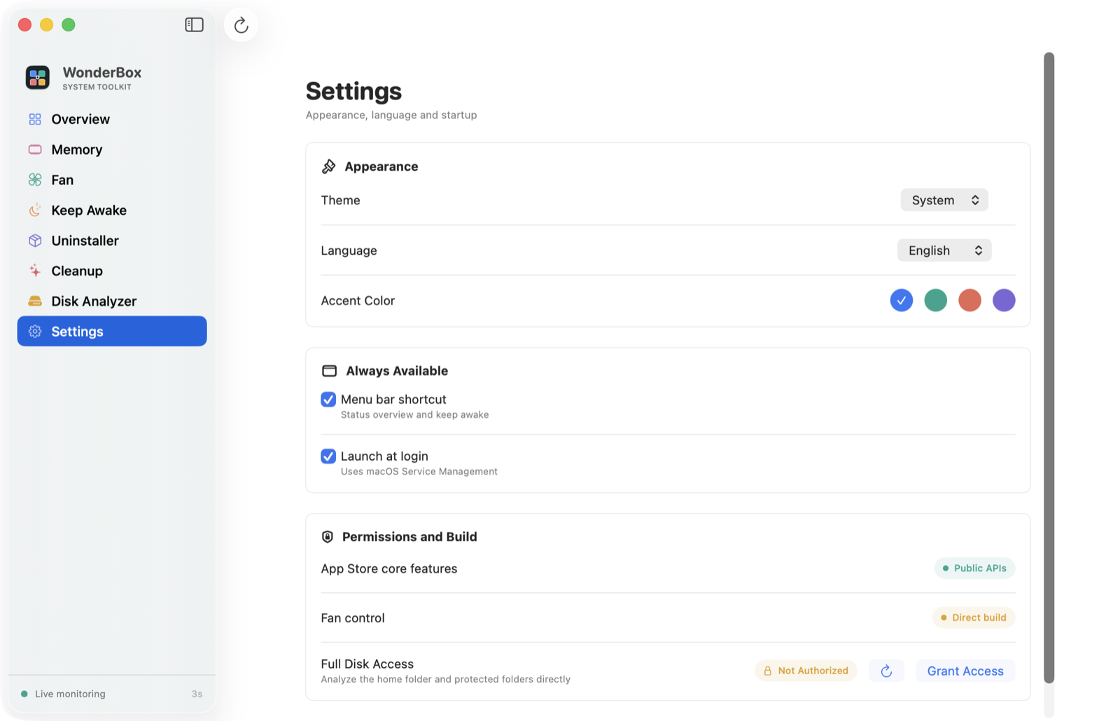 Settings page with appearance, language, menu bar, launch at login and permission status