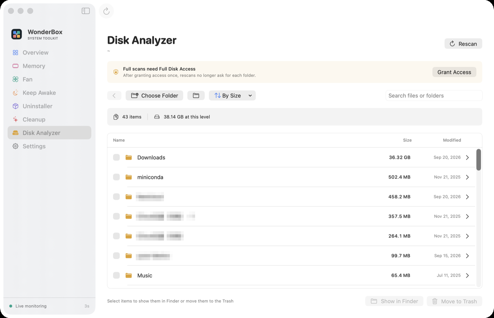 Disk analyzer listing home directory children by size