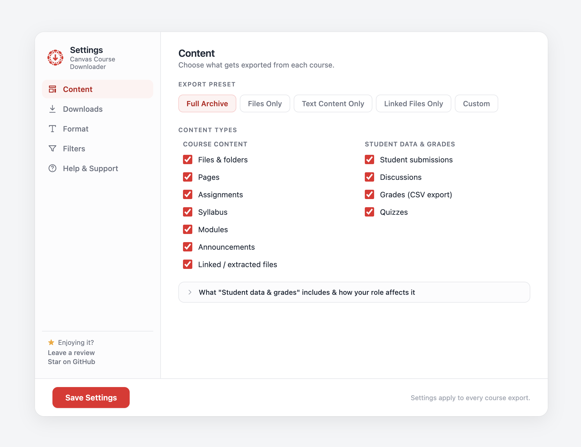 Settings page with presets and configuration options