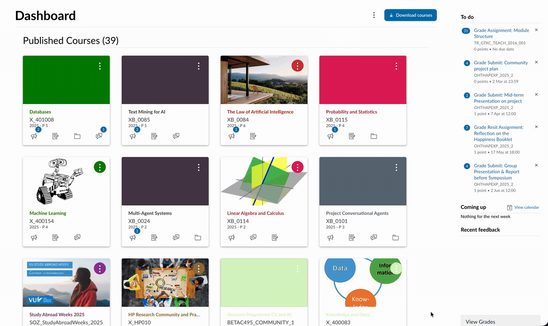 Animated walkthrough: opening the course selector, picking courses, and downloading them