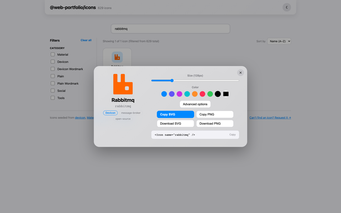 Customizing an icon's color, size, and stroke in the gallery