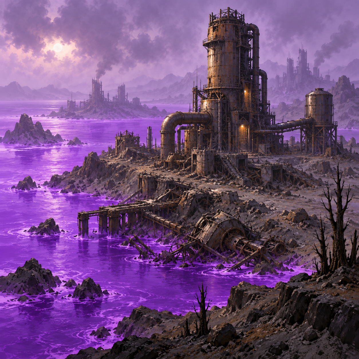 Quinityn concept artwork: ruined industrial towers beside purple unicomp seas