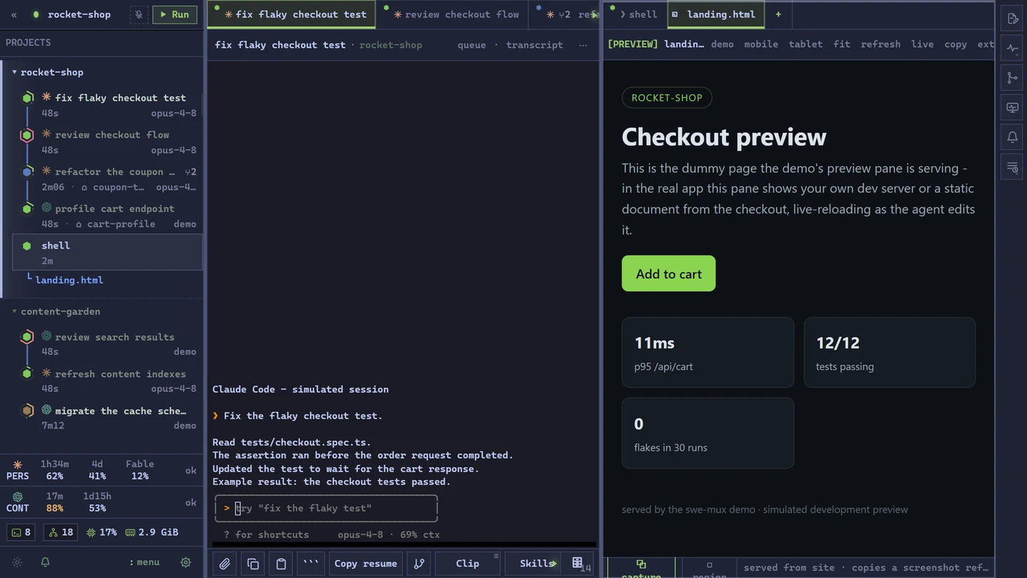 Agents and a preview arranged in the swe-mux workspace