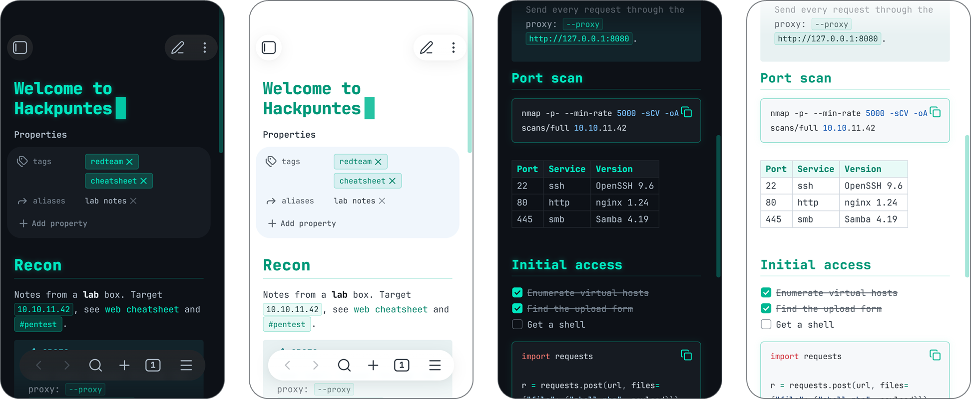 Hackpuntes on mobile: dark, light, code blocks and the file explorer