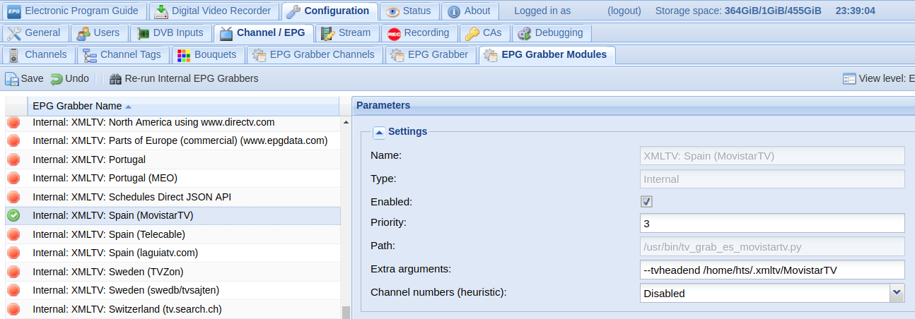 TVHeadend Grabber Modules Config