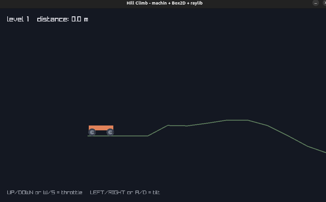 Hill Climb — a Box2D car on procedural terrain, built by an AI agent