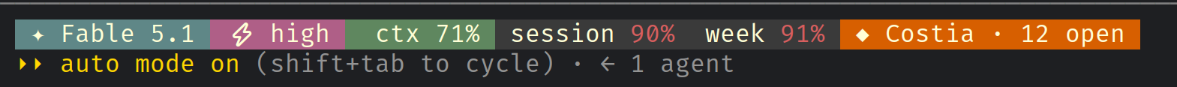 A customized Claude Code status line with an orange “◆ Costia · 12 open” tasks segment