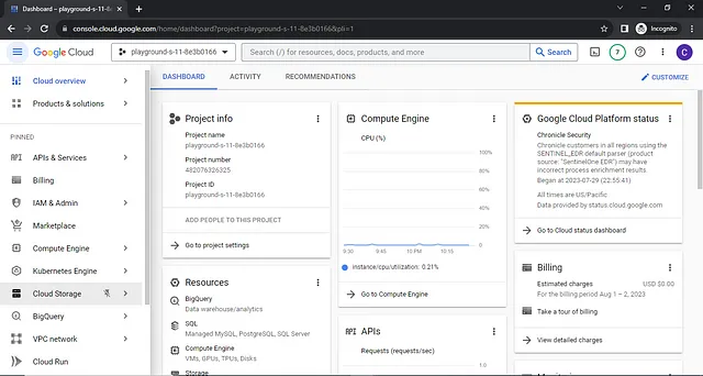 Google cloud playground dashboard