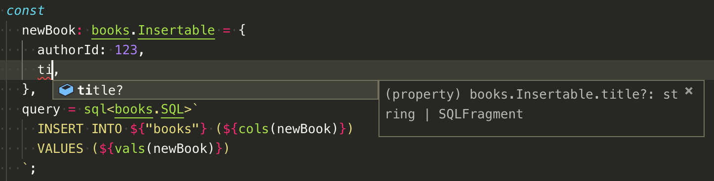 Screenshot: column name auto-completion