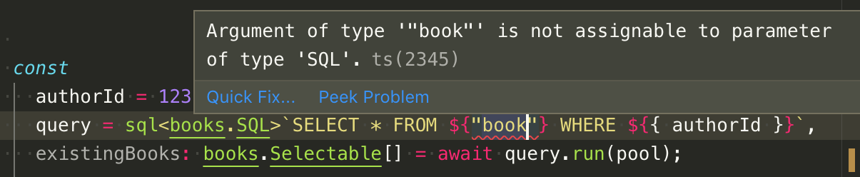 Screenshot: table type-checking