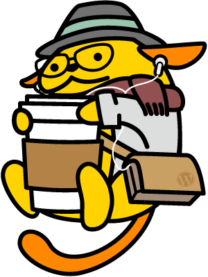 Hipster Wapuu with coffee cup and satchel