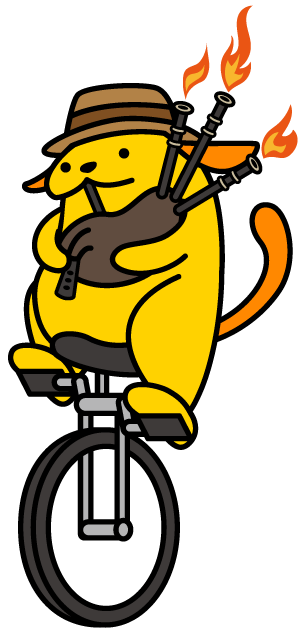 Wapuu playing fire-spitting bagpipe on a unicycle