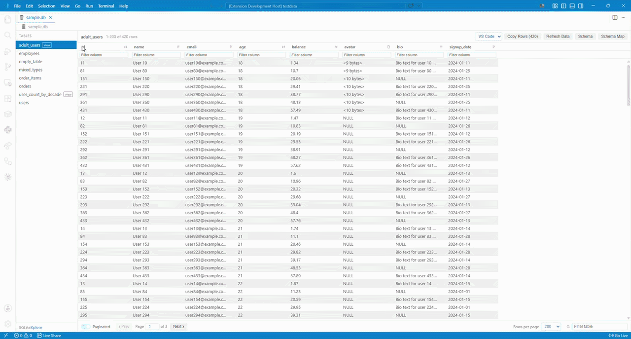 Grid view with sorting, filtering, pagination, and a tooltip for a truncated cell value