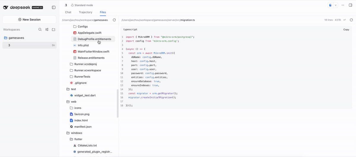 The Files tab beside Chat and Trajectory: a workspace tree on the left, and
on the right a preview that highlights source, renders Markdown and JSON, and
offers a Rendered/Source toggle