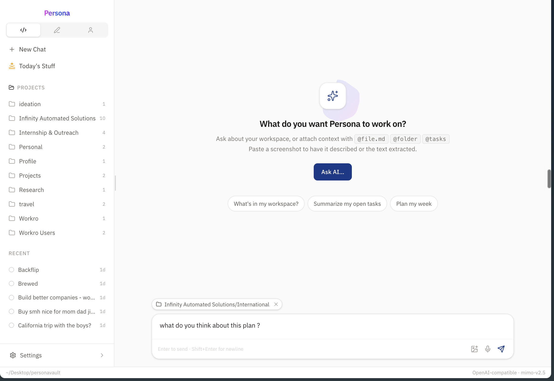 Chat view — ask questions about your workspace
