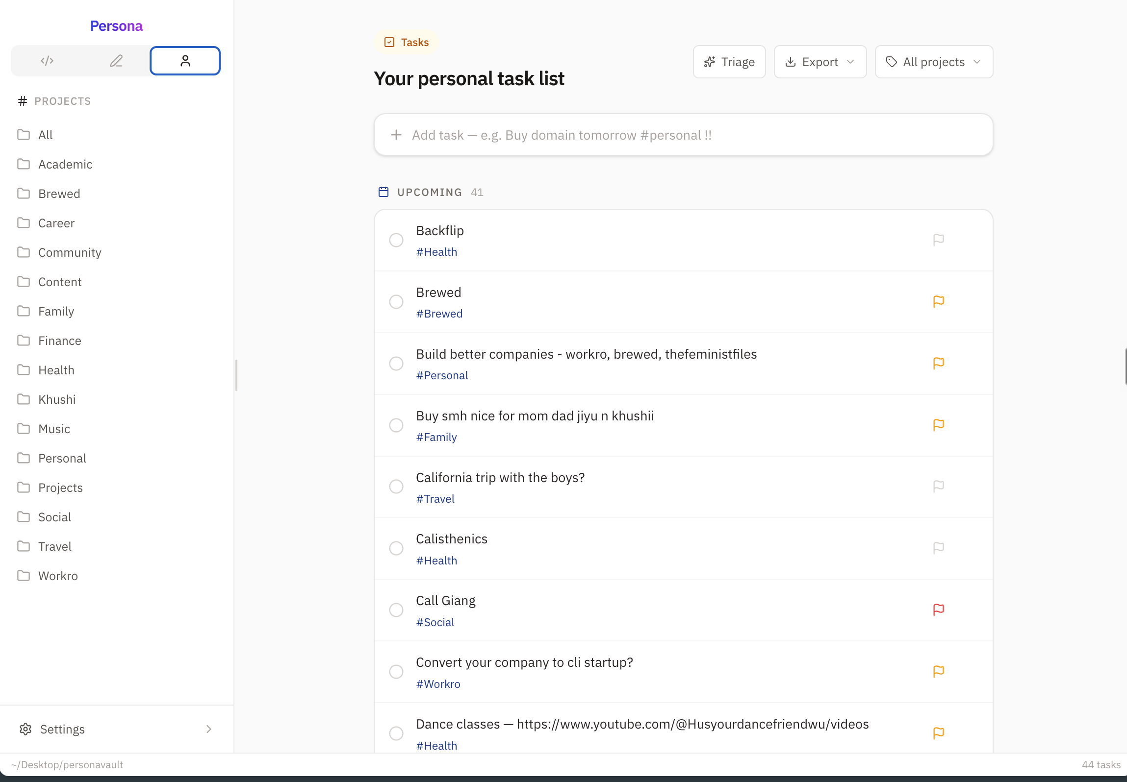 Tasks view — personal task list with project tags