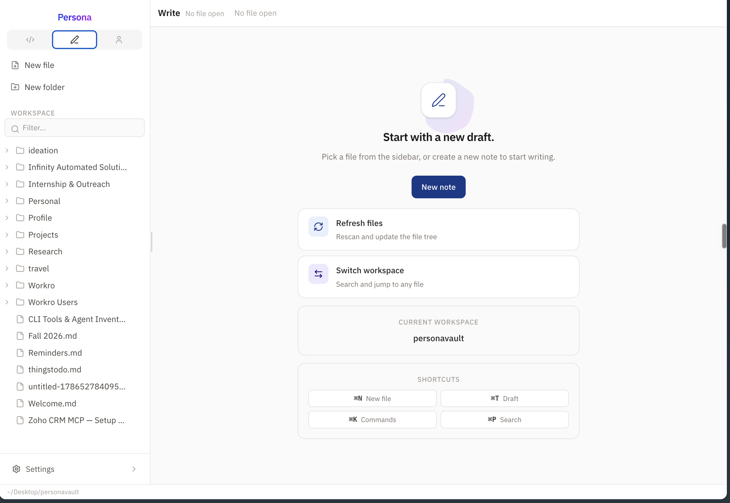Workspace view — write and edit Markdown notes