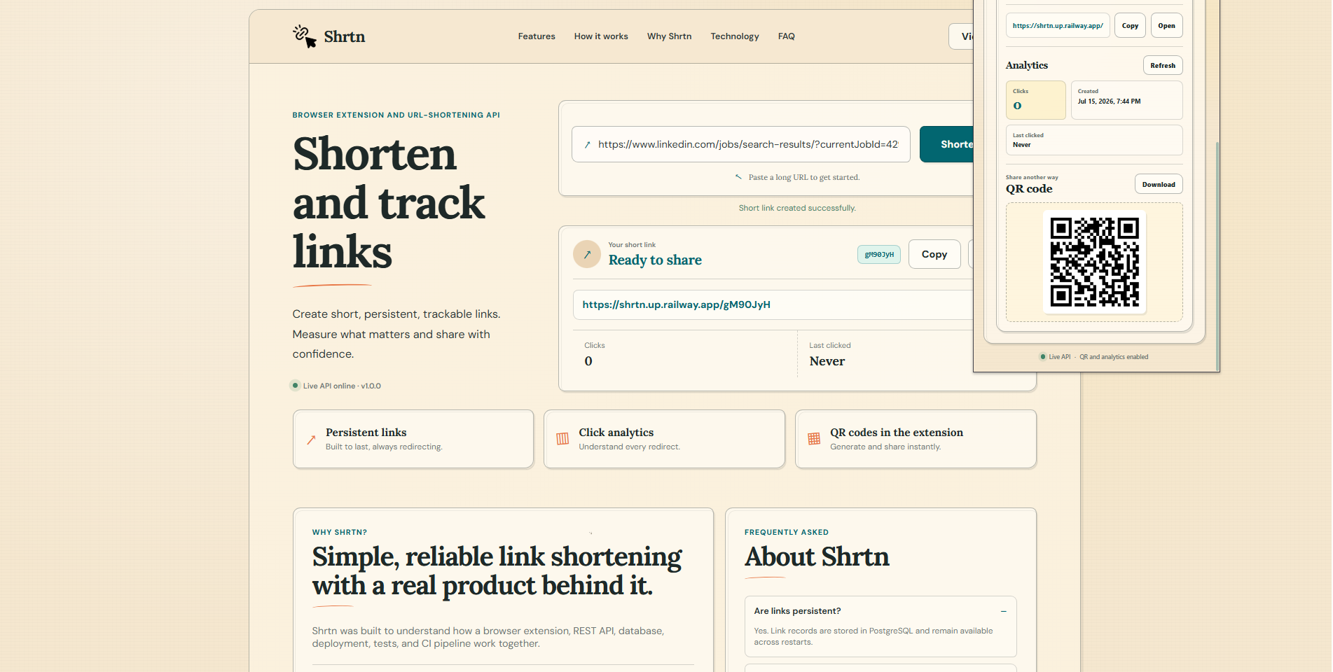 Shrtn browser extension showing a generated short link and click analytics