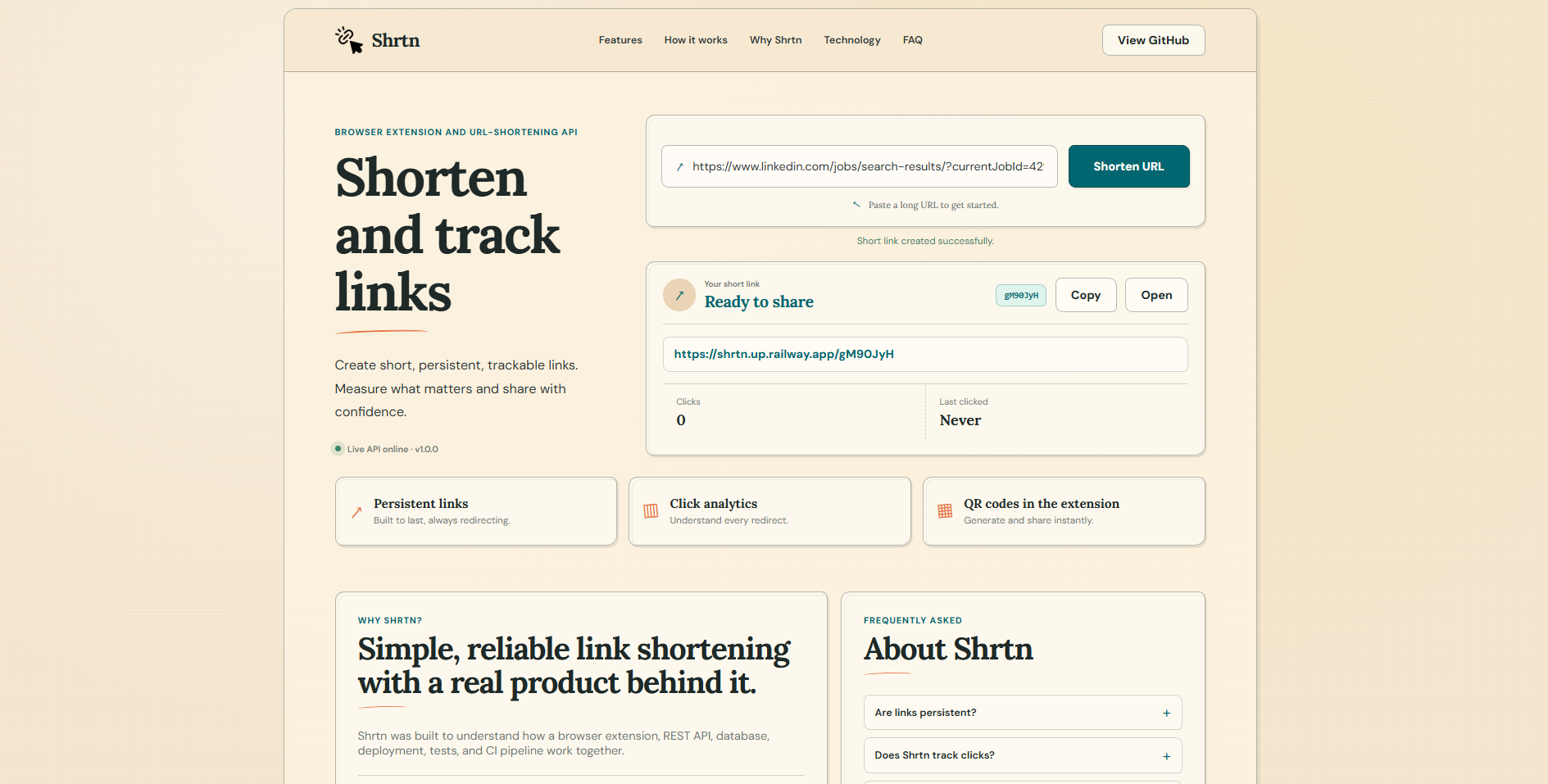 Shrtn website showing a generated short link and analytics