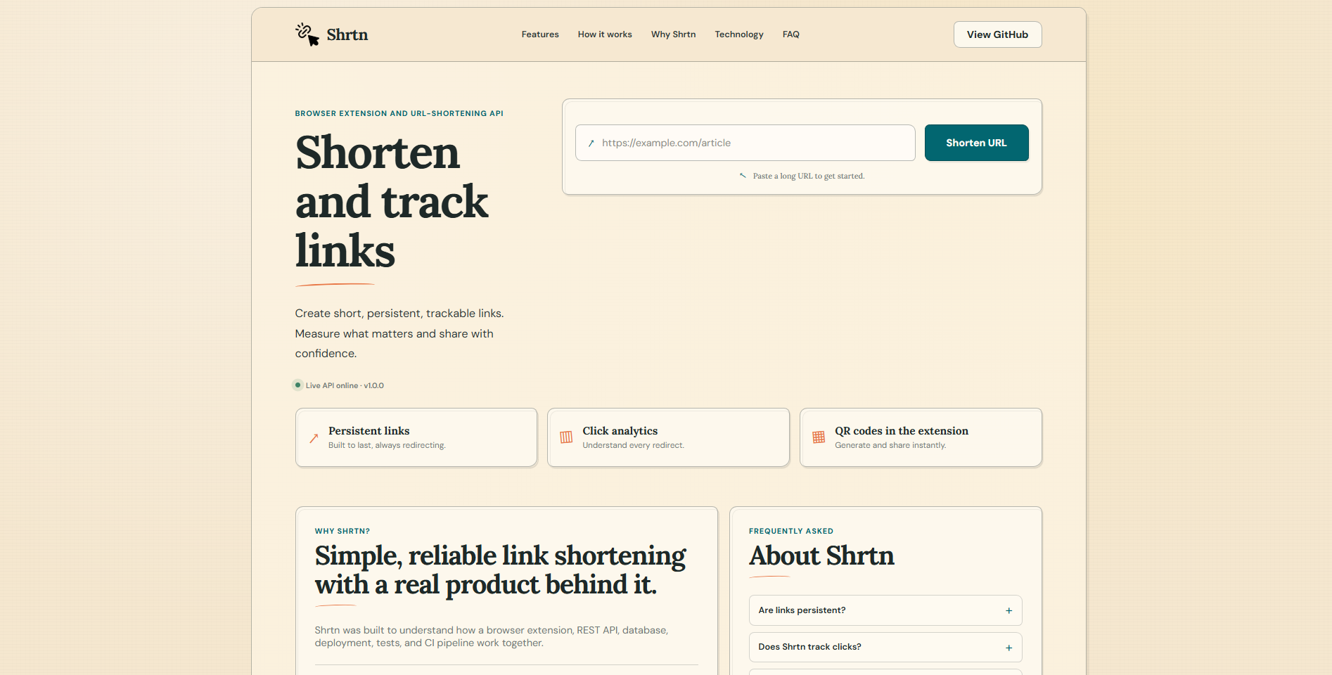 Shrtn website landing page