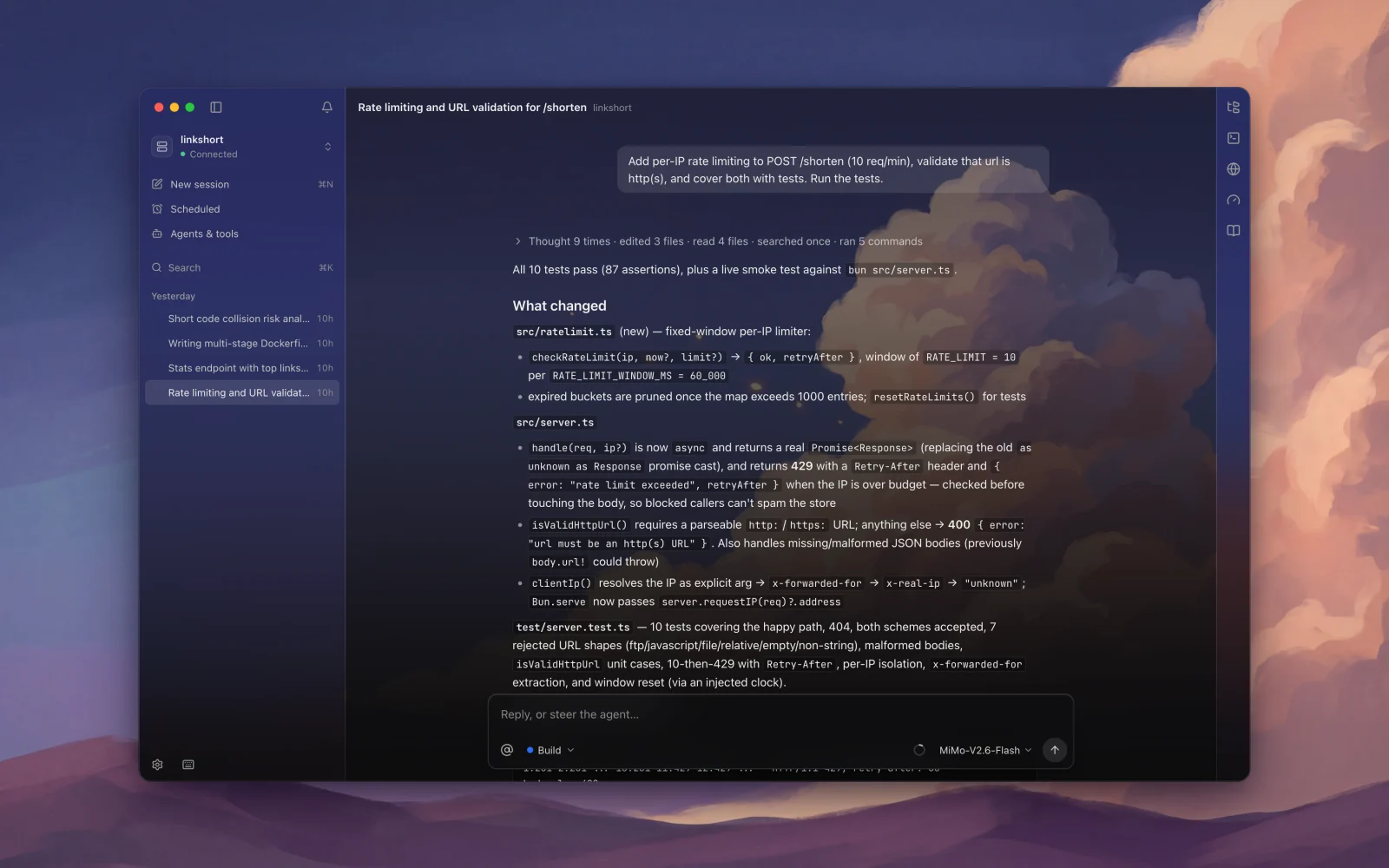 A finished task: the agent's summary of what changed and the tests it ran