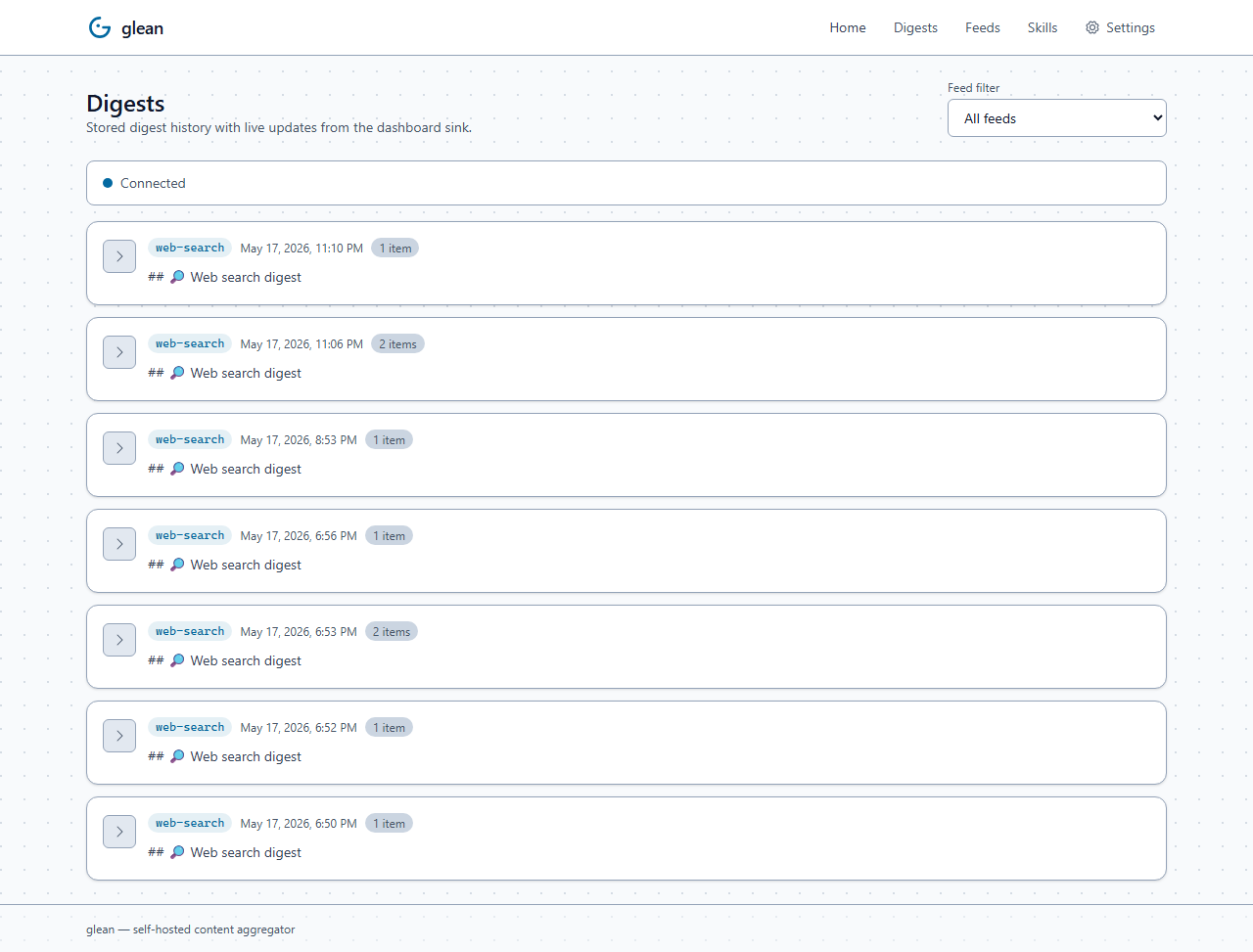 Digests page showing rendered digest cards from the web-search feed with intro, body, item count, trace_id, and per-feed filter dropdown