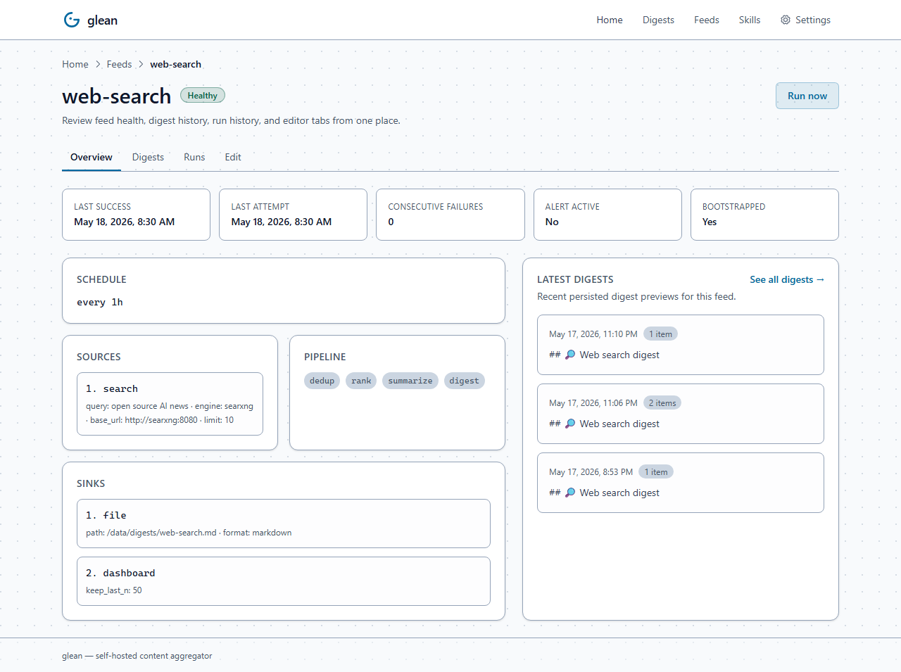 Feed detail Overview tab for web-search: status block, schedule, sources, pipeline stages, sinks, recent digests preview, breadcrumbs Home › Feeds › web-search