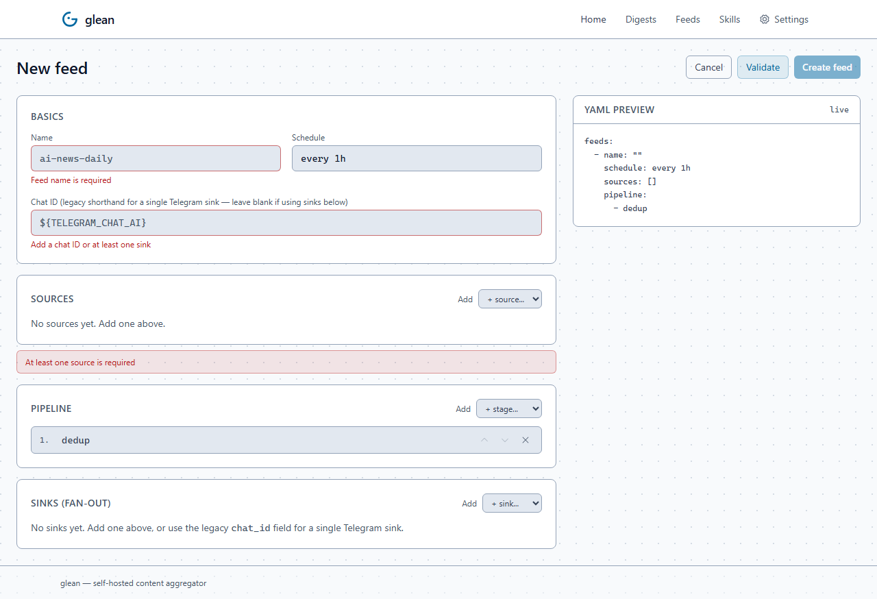 New feed editor showing a Basics section with Name "ai-news-hourly" and Schedule "every 1h", Sources / Pipeline / Sinks panels with inline validation messages, and a YAML preview pane on the right showing the live serialized config