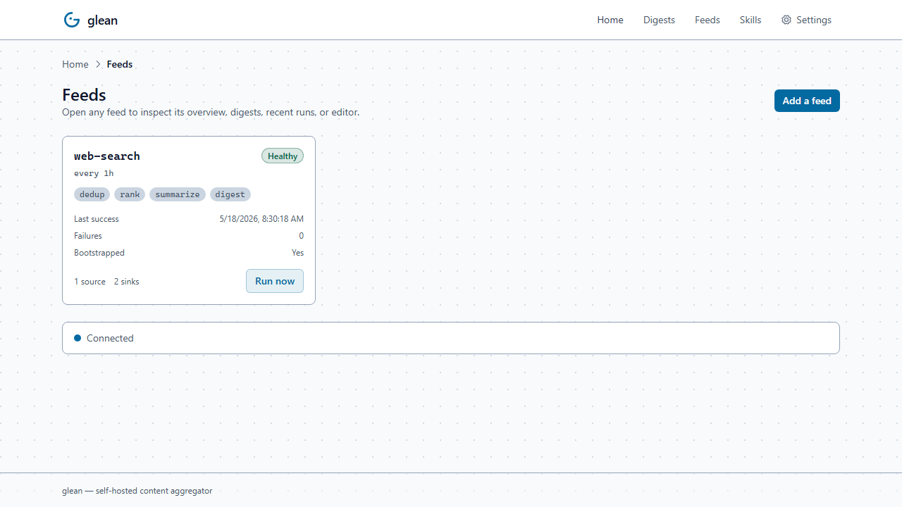 Feeds index showing the web-search feed card with healthy status, Run-now button, schedule, source/sink/pipeline pills