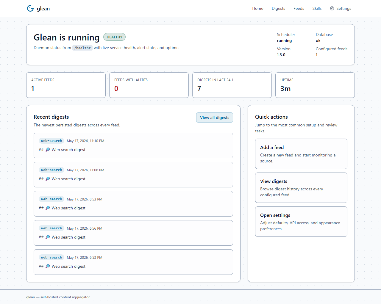 glean Home page showing the daemon health card with version + uptime, an active feeds summary, alert count badge, recent digests list, and primary action buttons