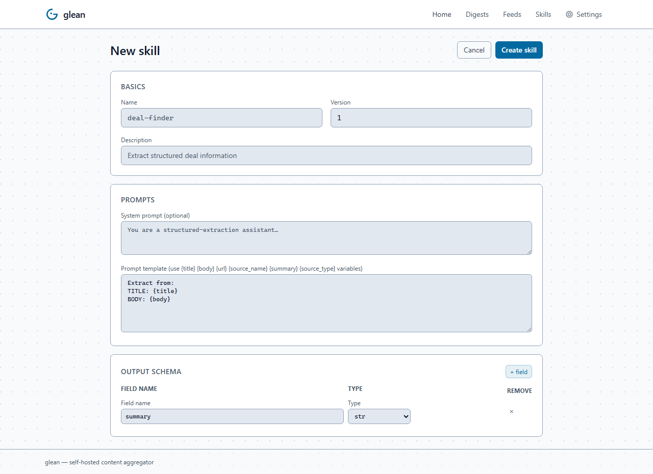 Edit skill page for "deal-finder" showing Basics (name, version, description), Prompts (system prompt, prompt template with {title}/{body} variables documented inline), and an Output Schema table with deal_quality (str), discount_percent (float | None), sale_price (str | None), summary (str)
