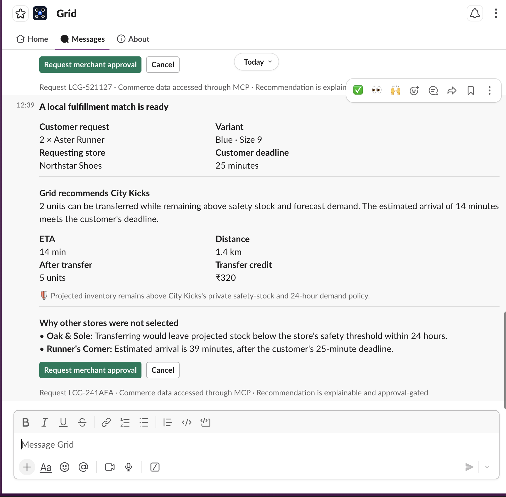 Grid explains the selected merchant and rejected alternatives
