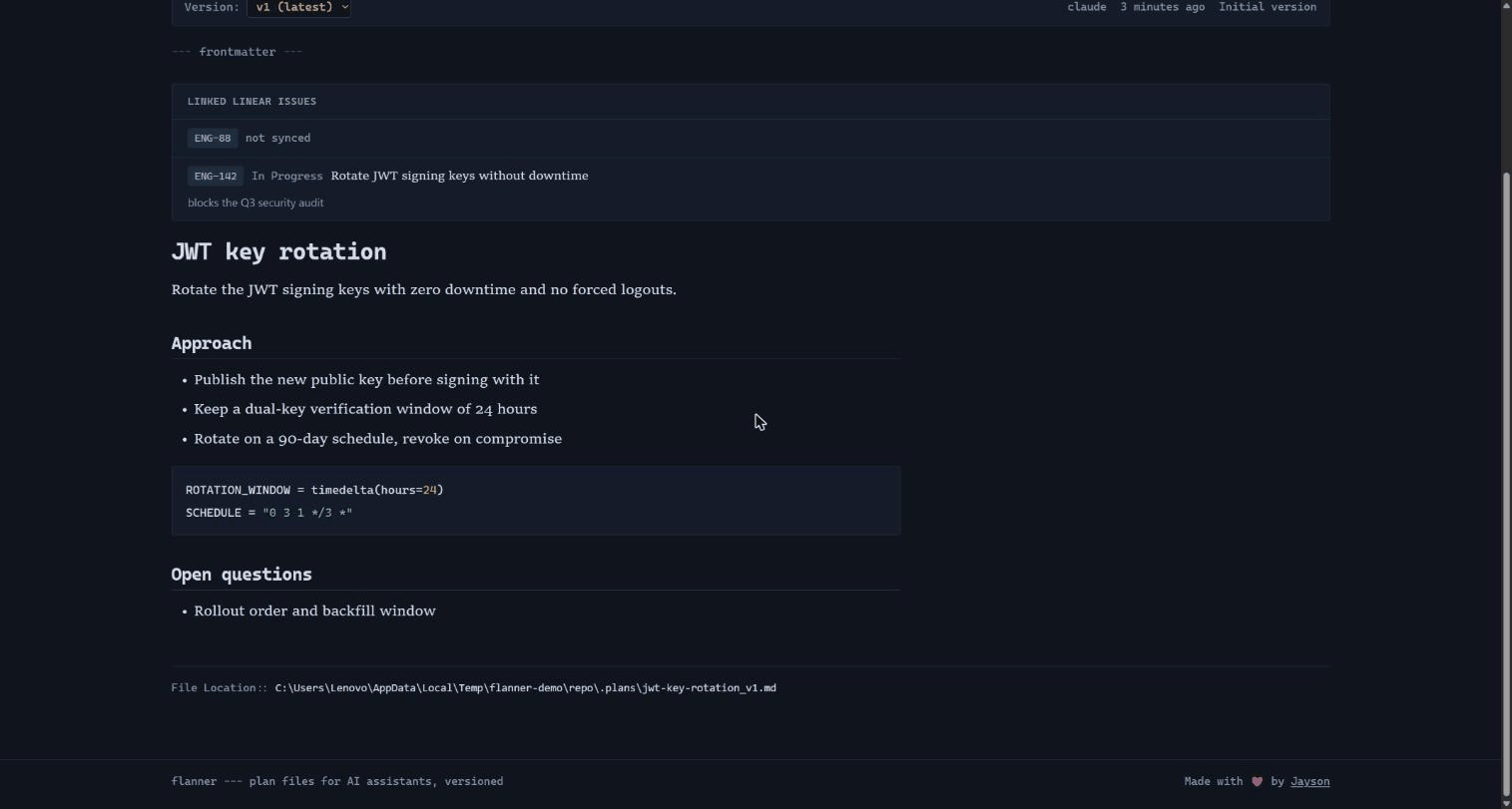flanner: versioned plan files linked to Linear issues, in the web dashboard