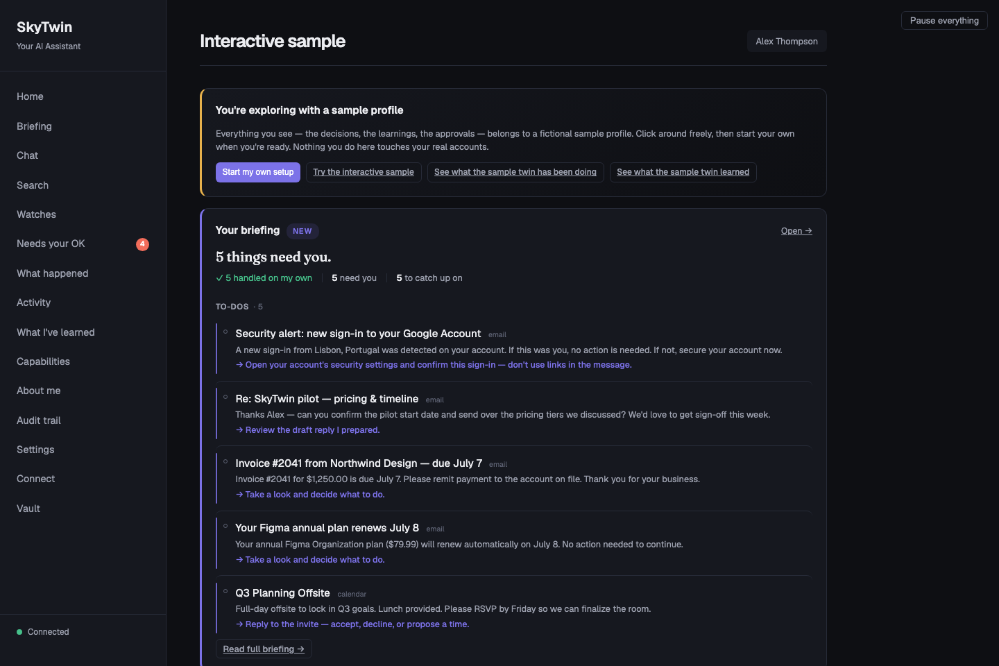 SkyTwin source demo showing a fictional daily briefing, suggested next steps, and a navigation link to what the twin has learned